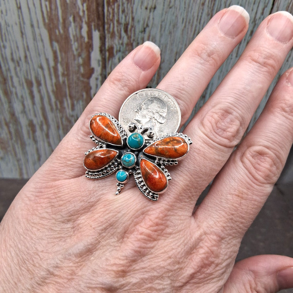 Southwestern Turquoise Spiny Oyster Ring Size 6-9 Butterfly Sterling Silver - Picture 3 of 10
